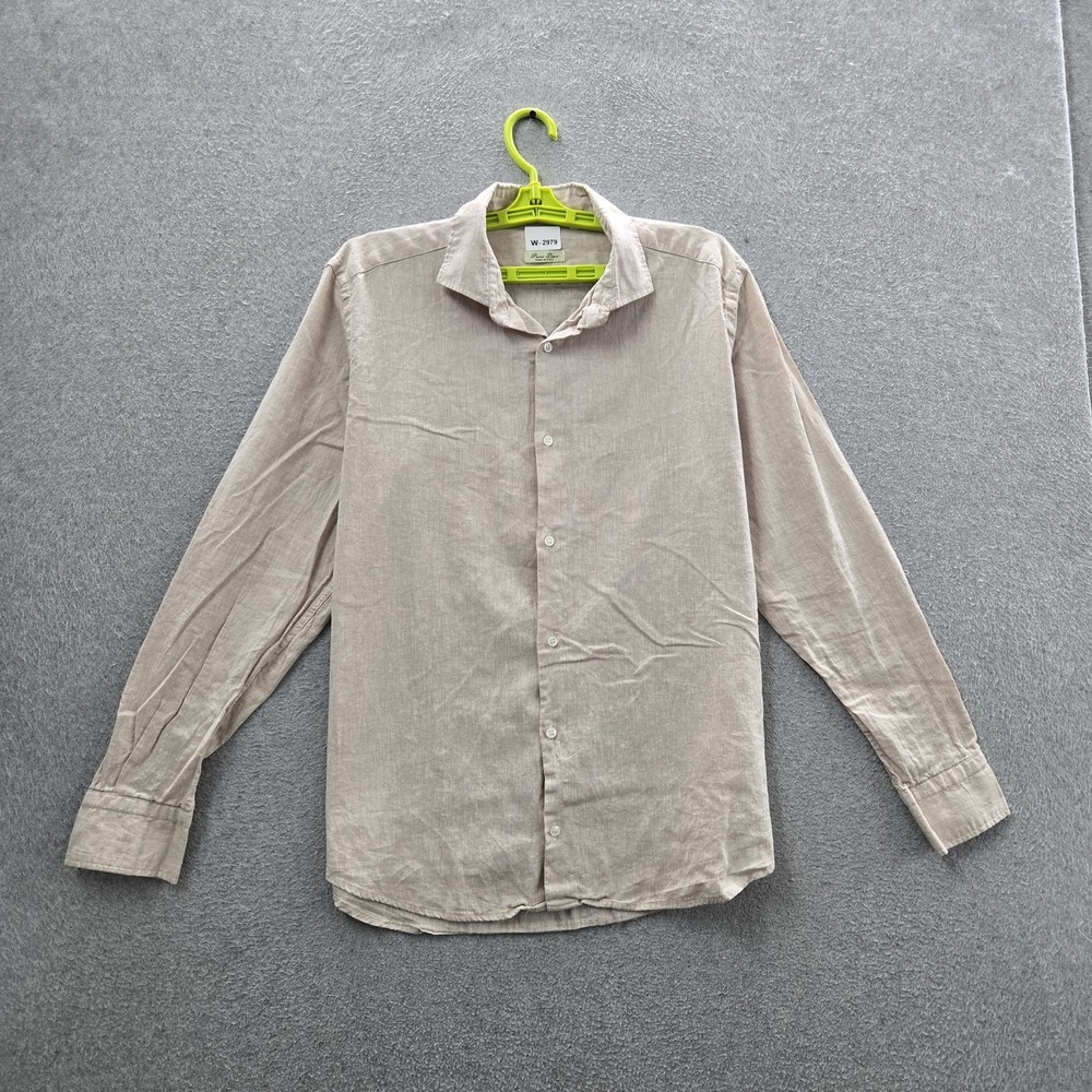 Puro Lino Men Button Up Shirt 16.5 Beige Linen Made In Italy Long Sleeve